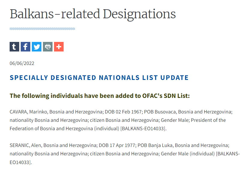 Sankcionisani Čavara i Šeranić zbog podrivanja Dejtona i demokratije u BiH 2 Sankcionisani Čavara i Šeranić zbog podrivanja Dejtona i demokratije u BiH 2