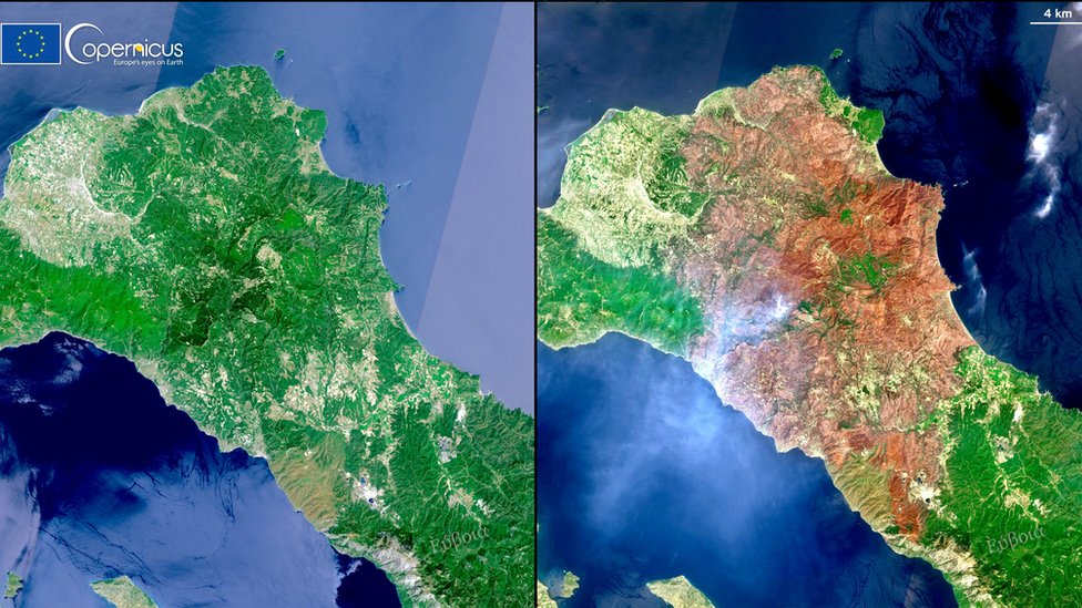 A combination of satellite images, acquired by one of the Copernicus Sentinel-2 satellites, shows views before and after the devastating wildfire that hit the Evia island, Greece August 1, 2021 and August 11, 2021