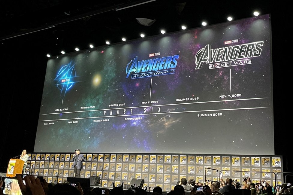 Superheroji i Marvel: Najavljene Faza 5 i Faza 6 - stiže „Crni panter: Vakanda zauvek" i još dva filma o Osvetnicima 4 A screen shows a timeline of the Marvel Universe's Phase Six, with two new Avengers films at the end of it