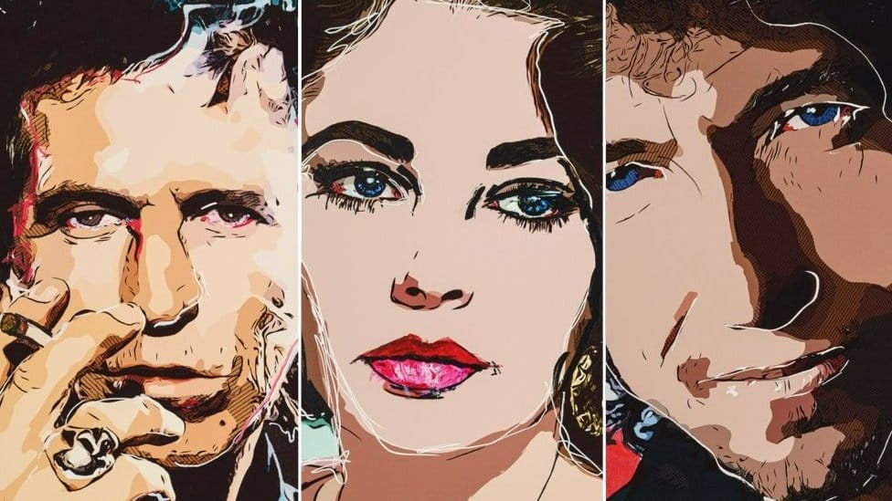 Handout of paintings of Keith Richards, Elizabeth Taylor and Bob Dylan