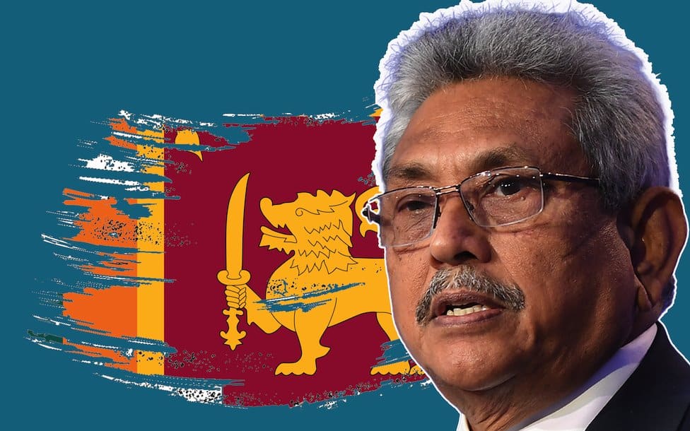 Image of Gotabaya Rajapaksa over a treated flag of Libya