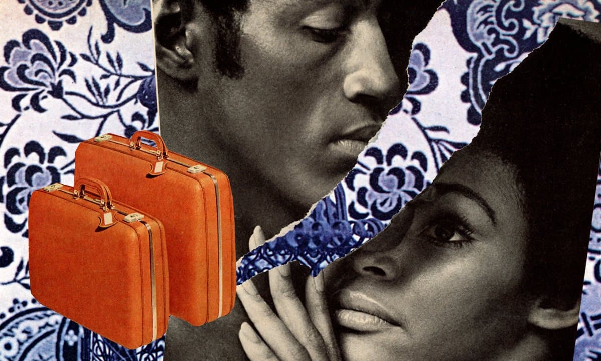 Collage of a retro black and white photo of a couple, a split between them. Two orange suitcases next to them.
