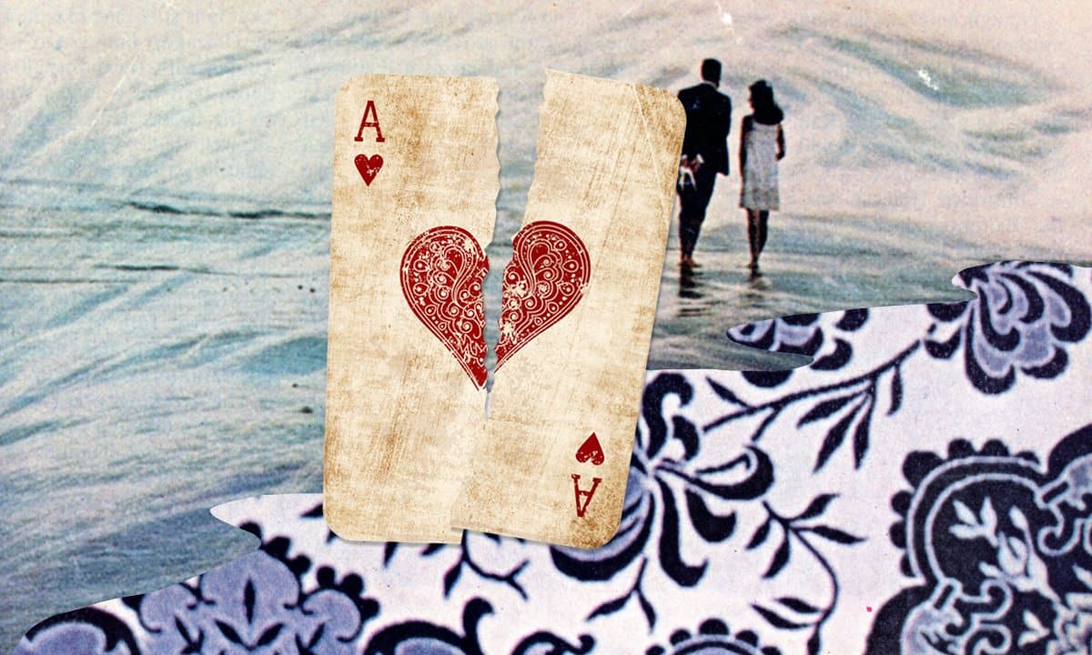 A collage of a couple walking near a beach, a playing card with ace of hearts is torn behind them.