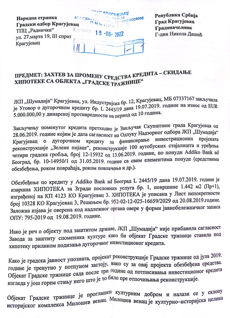 Narodna stranka Kragujevac zahteva od gradonačelnka da se skine hipoteka sa Gradske tržnice 2