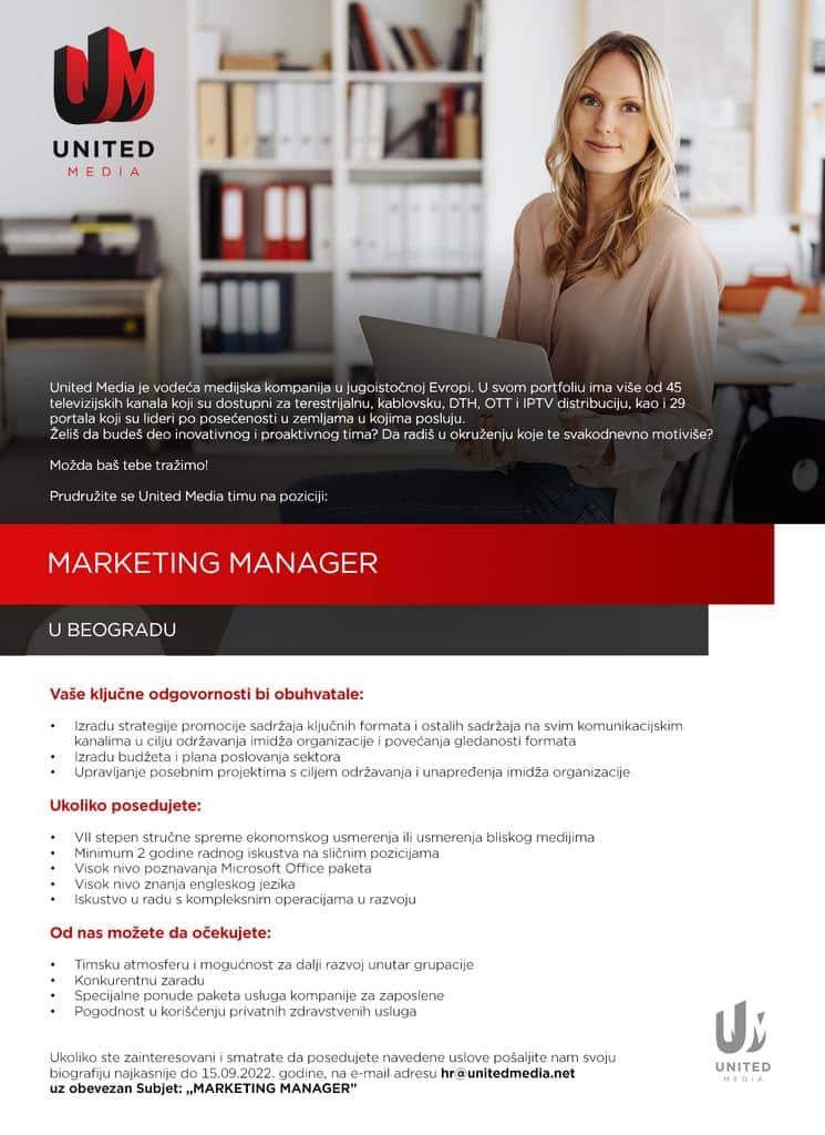 United Media raspisala konkurs za četiri pozicije - marketing menadžer, specijalista za društvene mreže, PR menadžer i PR asistent 2 United Media raspisala konkurs za četiri pozicije - marketing menadžer, specijalista za društvene mreže, PR menadžer i PR asistent 2