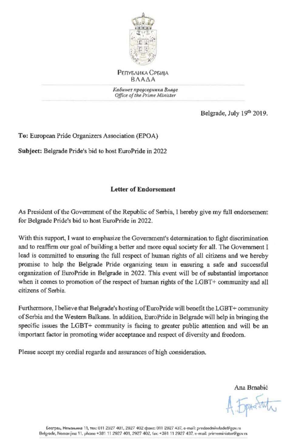 U pismu iz 2019. Ana Brnabić dala punu podršku organizaciji Evroprajda 2
