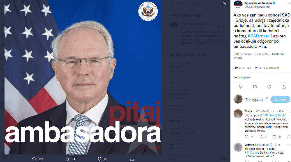 Da li je jači Roki ili Rambo, zašto Đoković ne može u SAD, može li Srbija u NATO a da joj se vrati Kosovo: Šta su tviteraši pitali američkog ambasadora u Srbiji Kristofera Hila? 1