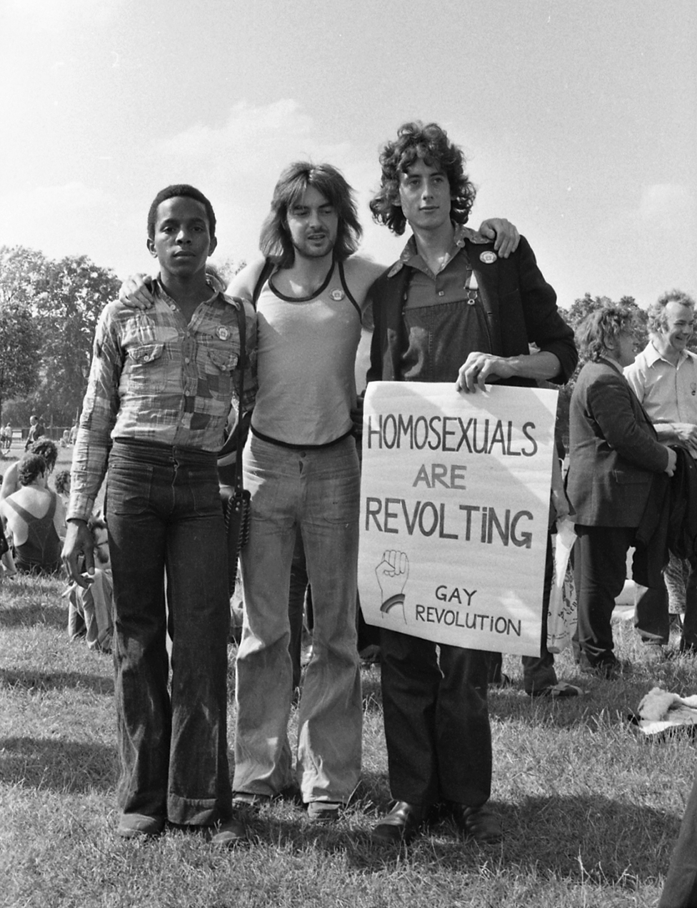 Ted Brown, Noel Glynn and Peter Tatchell at the Pride march in 1973