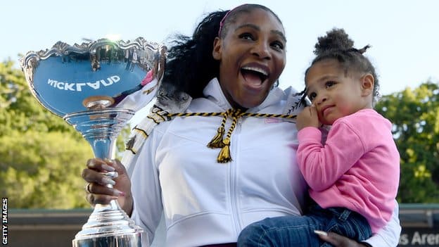 Serena Williams celebrates winning the 2020 Auckland Classic title with daughter Olympia