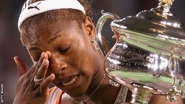 Serena Williams is overcome with emotion during her acceptance speech after winning the 2003 Australian Open.
