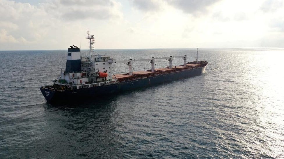 The cargo ship Razoni, carrying Ukrainian grain, in the Black Sea near Istanbul, Turkey in August