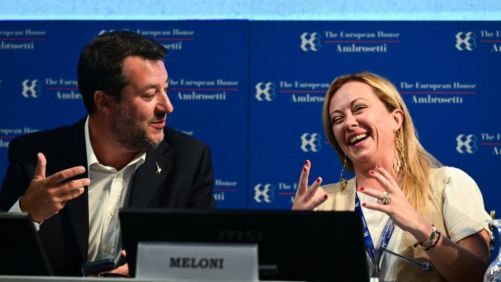 Matteo Salvini (L) and Fratelli d'Italia leader Giorgia Meloni on September 4, 2022