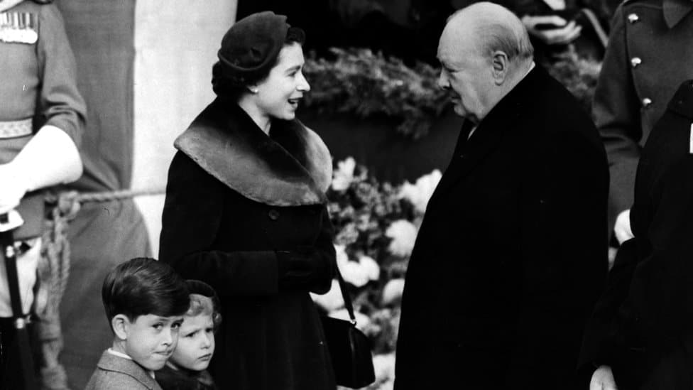 The Queen, with Prince Charles and Princess Anne, meets Sir Winston Churchill