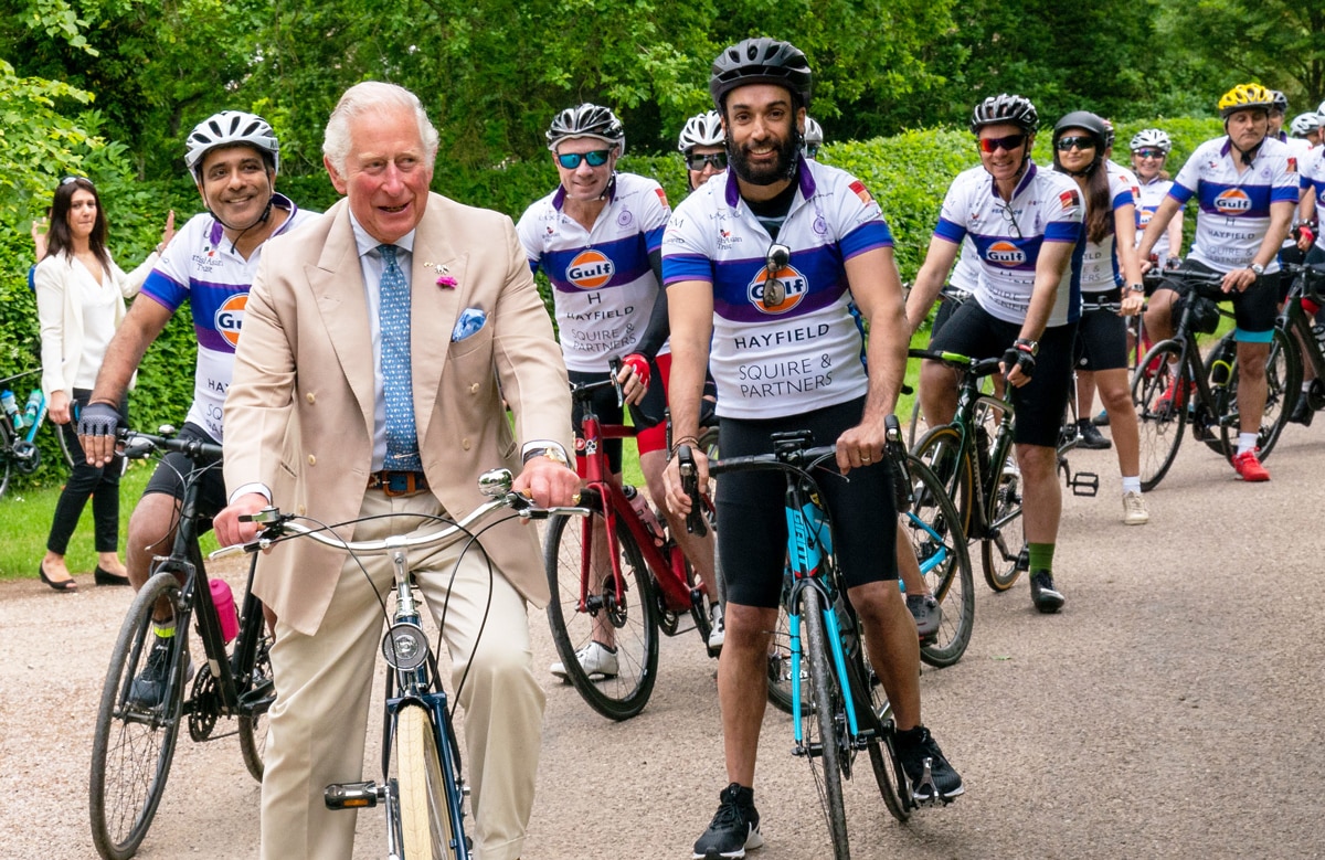 Charles joins members of the British Asian Trust (BAT) for a short distance as they kick-start BAT's 'Palaces on Wheels' Sponsored Bike Ride, at Highgrove House in Tetbury, Gloucestershire on June 10, 2021