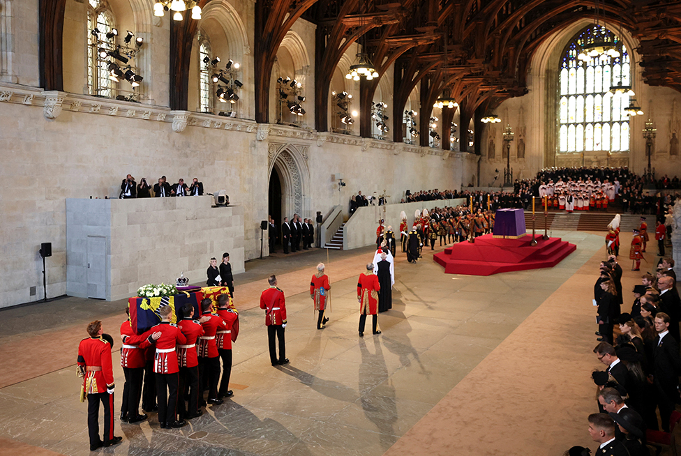Procession with the coffin of Britain's Queen Elizabeth arrives at Westminster Hall from Buckingham Palace for her lying in state, in London, Britain, 14 September 2022