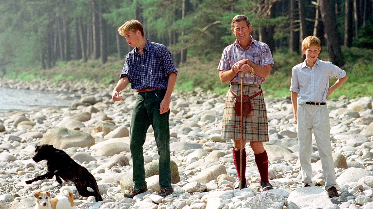 Three princes - William, Charles and Harry - by the River Dee on the Balmoral Castle Estate, 1997