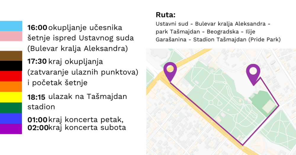 (INFOGRAFIKA) Satnica održavanja i ruta Prajd šetnje - okupljanje zakazano u 16 časova 2