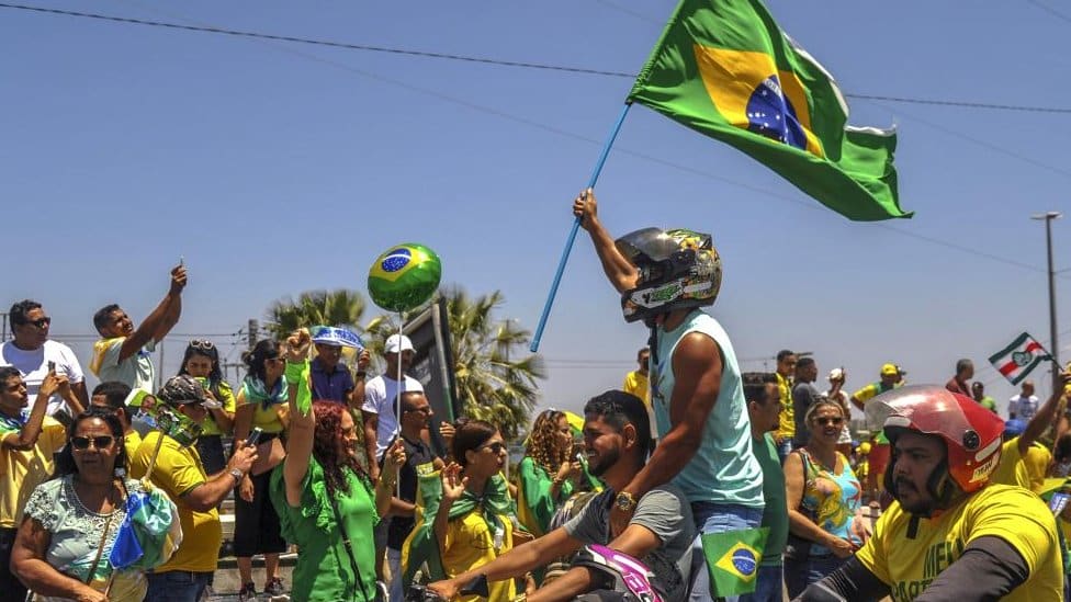 At a rally for President Bolsonaro on Tuesday, the national colours featured heavily