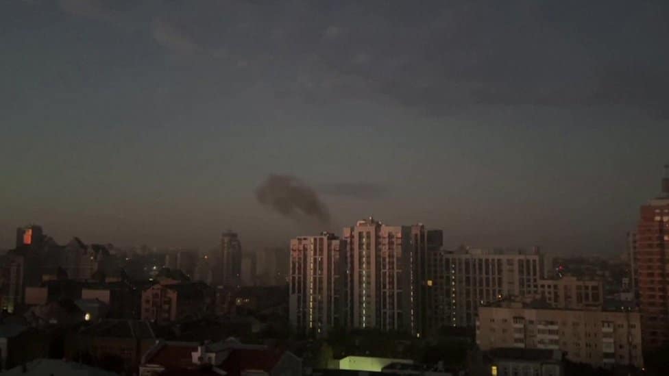 Smoke rises above Kyiv after a reported drone attack