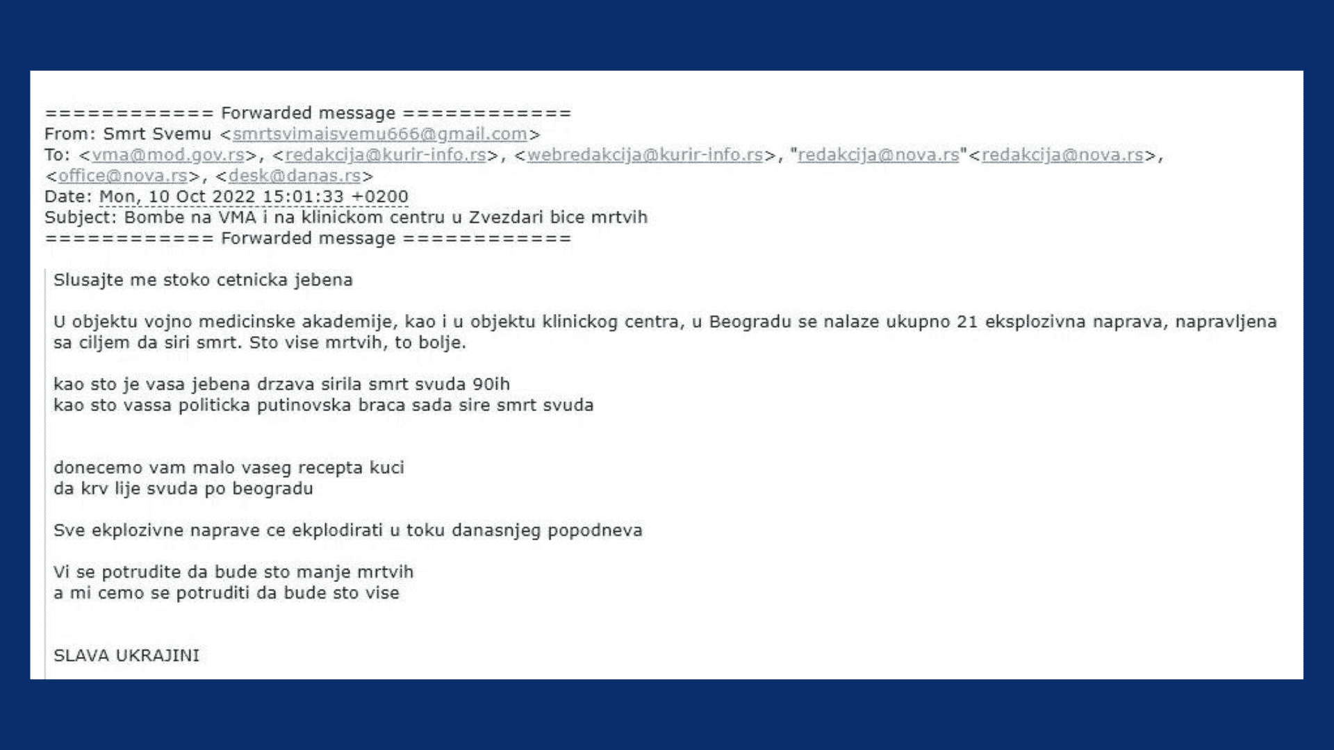 "Biće smrti svuda": Na mejl adresu redakcije Danasa stigle pretnje bombama na nekoliko lokacija u Beogradu 2