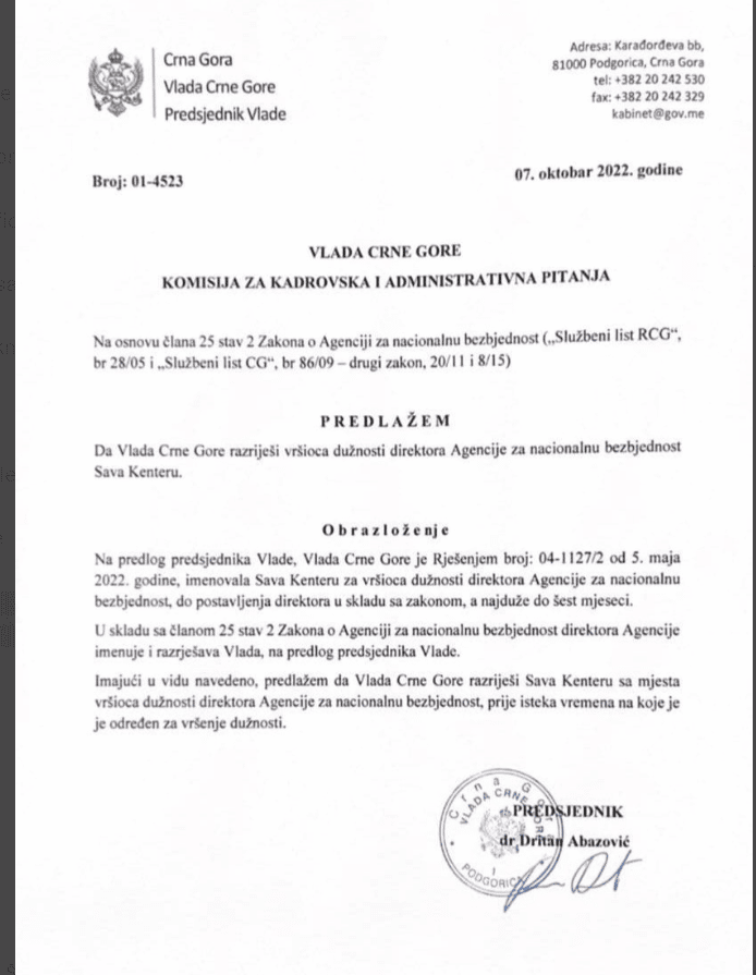"Nije smeo to da mi saopšti u oči, Crna Gora počela da skreće s puta": Savo Kentera, šef ANB-a, o svojoj smeni koju je inicirao Abazović 2