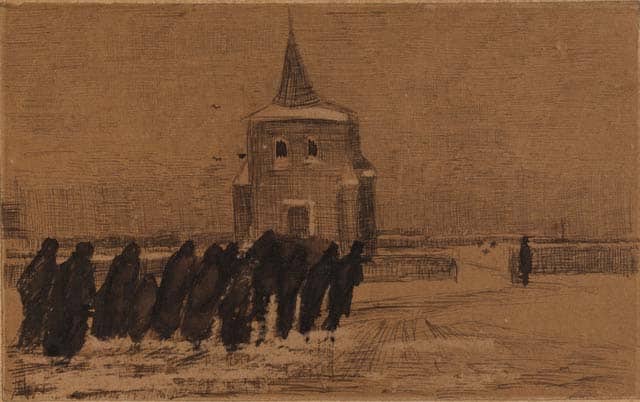Vincent van Gogh, Begräbnis in Nuenen im Winter, Dezember 1883, Feder und Pinsel auf Velin, 158 x 255 mm, ©foto Staatliche Graphische Sammlung München
