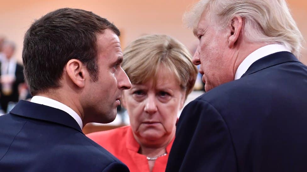US President Donald Trump, French President Emmanuel Macron and German Chancellor Angela Merkel