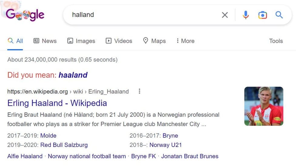A Google search for the Swedish region, which brings up results for the footballer