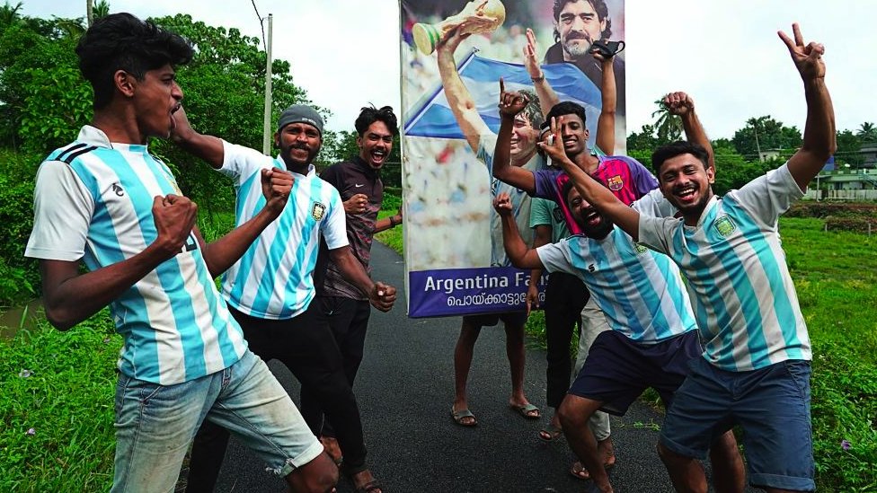 India fans in the state of Kerala 2021 in Argentina kits celebrate in the street