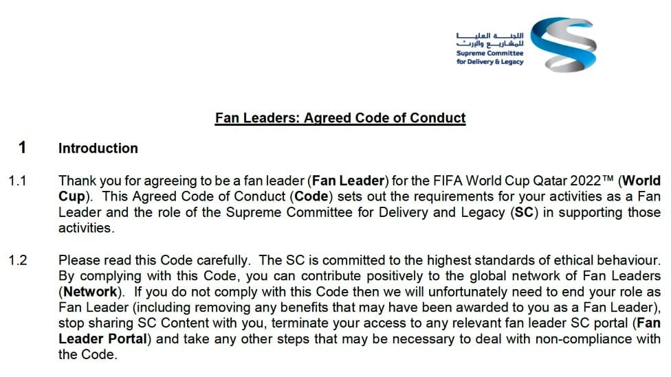 Svetsko prvenstvo u fudbalu: Istina o katarskim „lažnim“ navijačima 5 An official document setting out the code of conduct for members of the Fan Leaders group