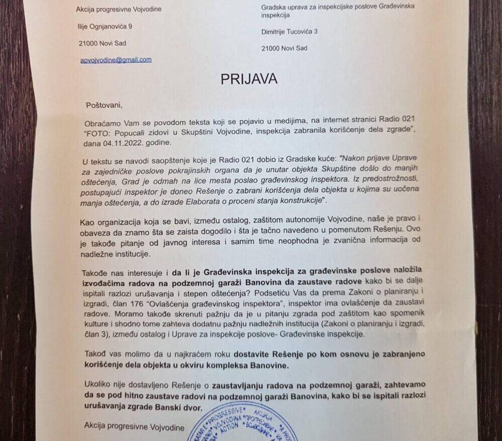 Podneta prijava Građevinskoj inspekciji u Novom Sadu zbog rušenja Banovine 2