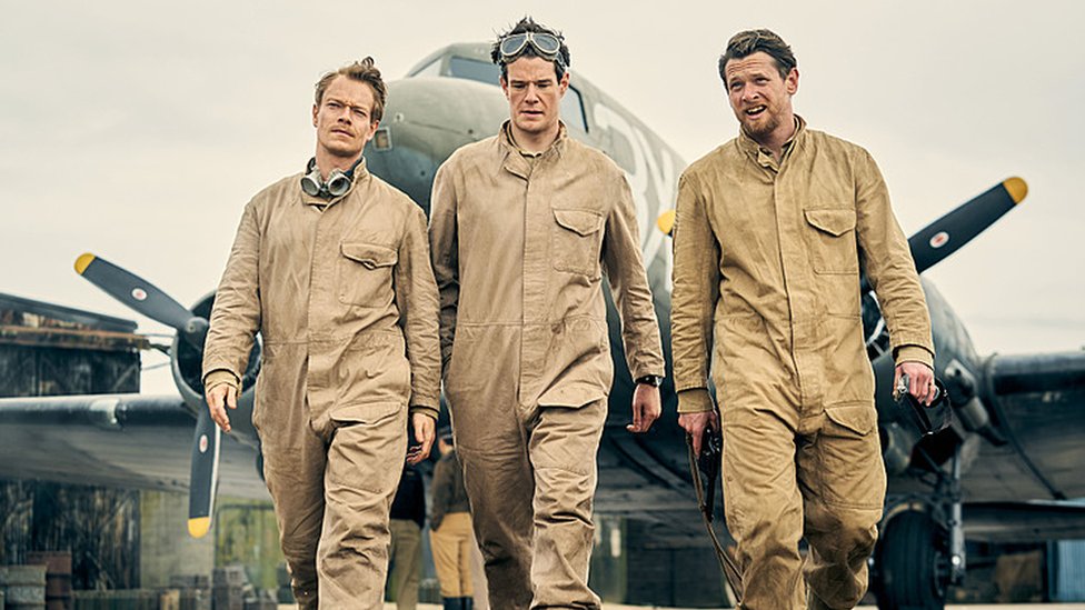Jock Lewes (Alfie Allen), David Stirling (Connor Swindells) and Paddy Mayne (Jack O'Connell) in a scene from SAS Rogue Heroes