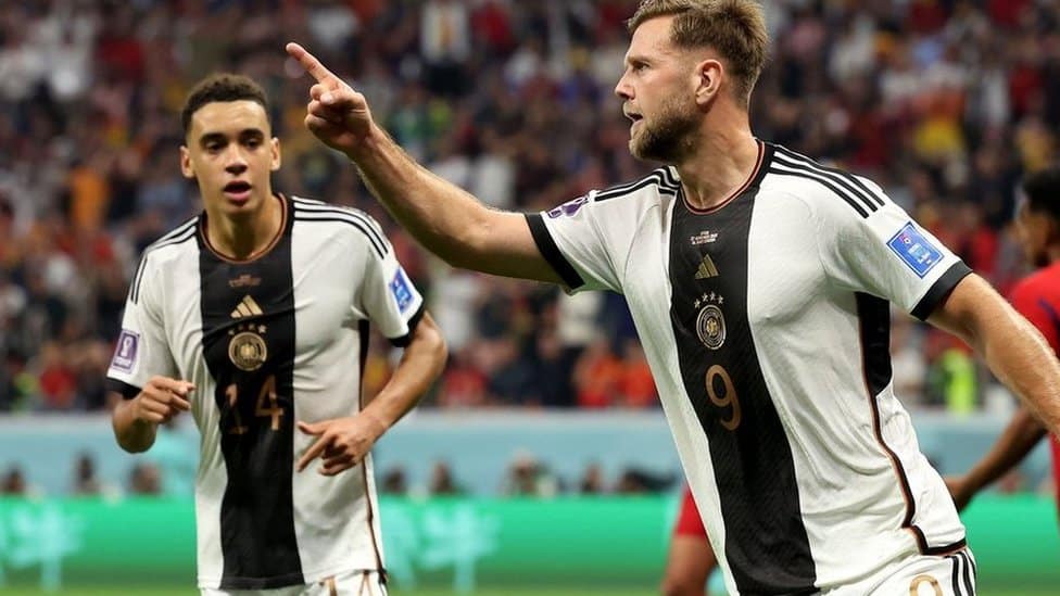 Niclas Fullkrug, 29 celebrates scoring for Germany against Spain with Jamal Musiala.