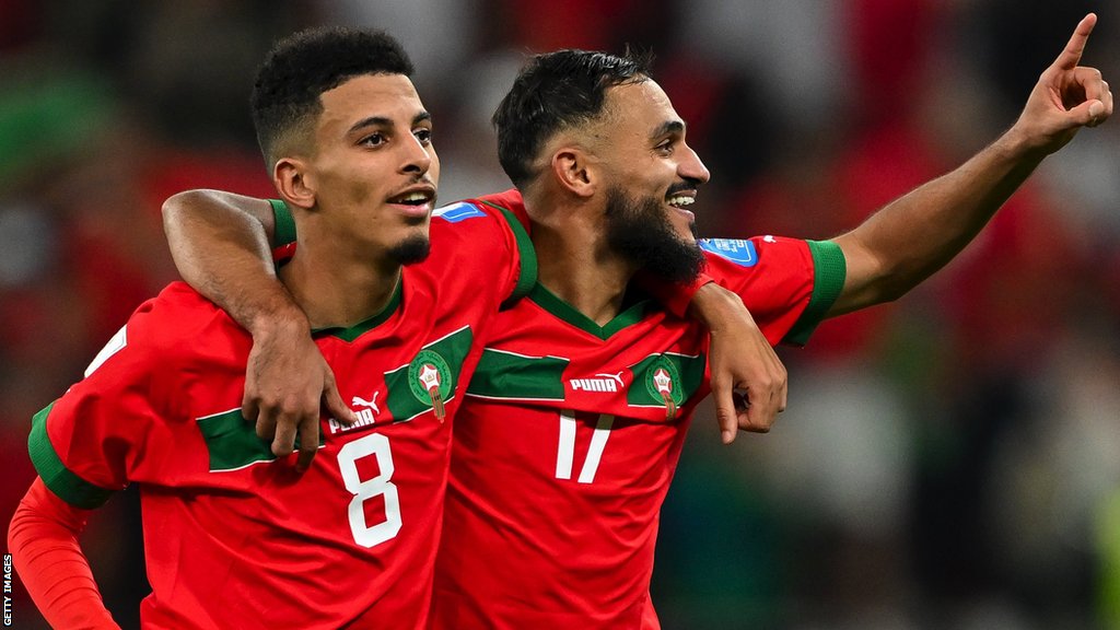 Azzedine Ounahi and Sofiane Boufal celebrate a win for Morocco