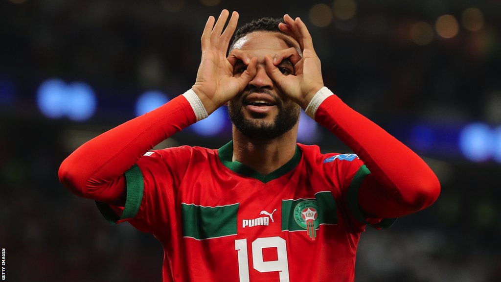 Youssef En-Nesyri celebrates his goal against Portugal