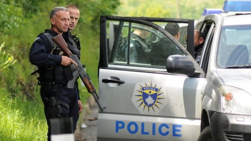 Armed Kosovo police during a raid near the town of Zubin Potok. Photo: 28 May 2019