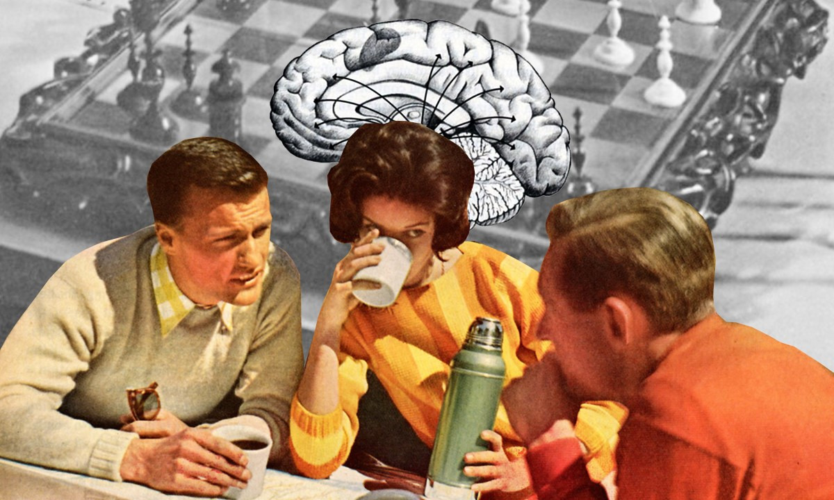 Woman with big brain, two men and a chessboard