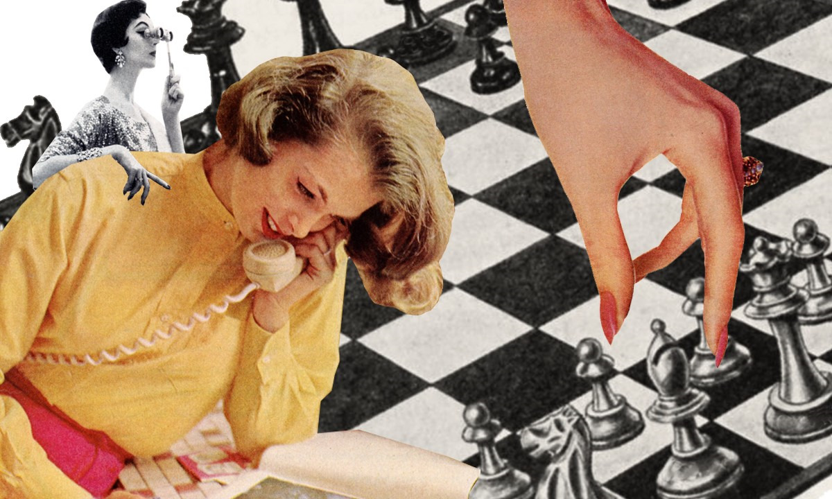 Woman on telephone with chessboard
