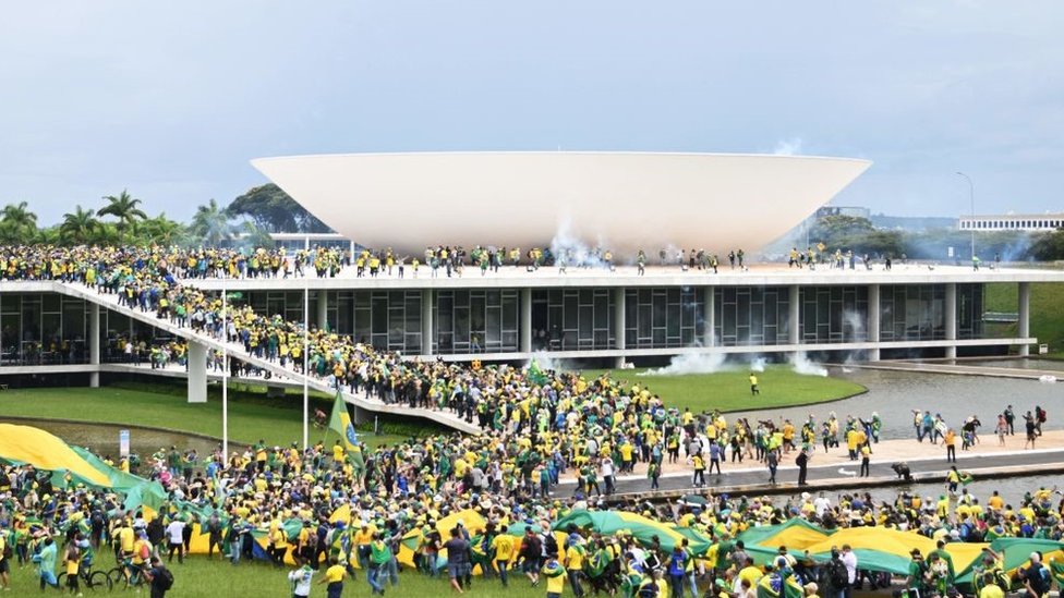 Supporters of Brazilian former President Jair Bolsonaro hold a demonstration at the Esplanada dos Ministerios in Brasilia on January 8, 2023.