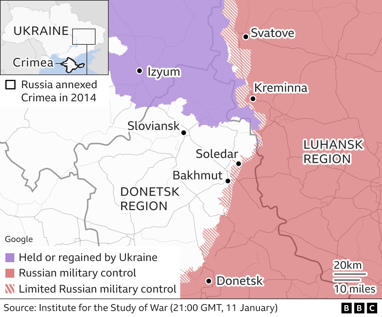 Map of eastern Ukraine showing Soledar and Bakhmut on the front line