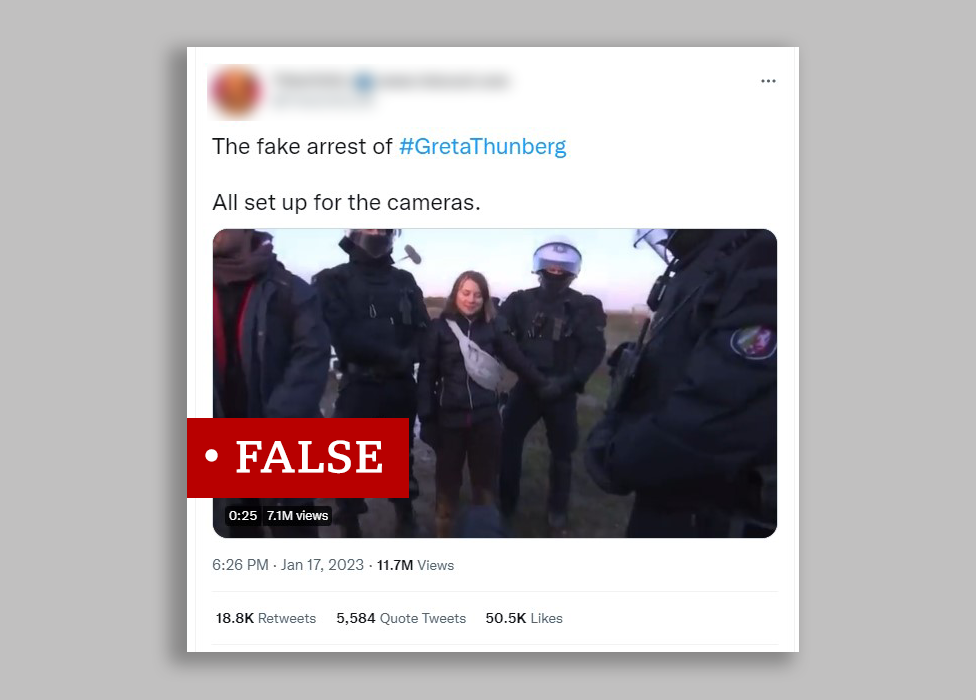 A Twitter post falsely claiming that the detainment of Greta Thunberg was fake.