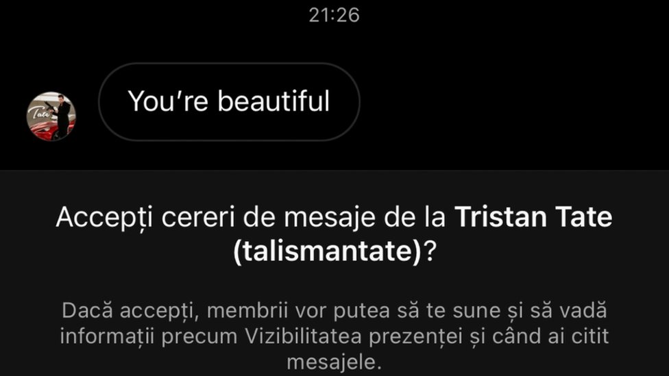 Endrju Tejt: Rumunske devojke objašnjavaju kako im se obraćao preko društvenih mreža 5 Screenshot from a message from Tristan Tate's account on Instagram