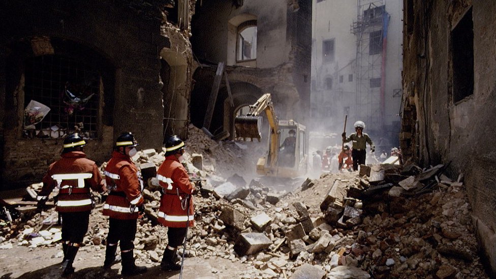 Destroyed buildings in Via dei Gergofili in Florence after the May 1993 bomb attack