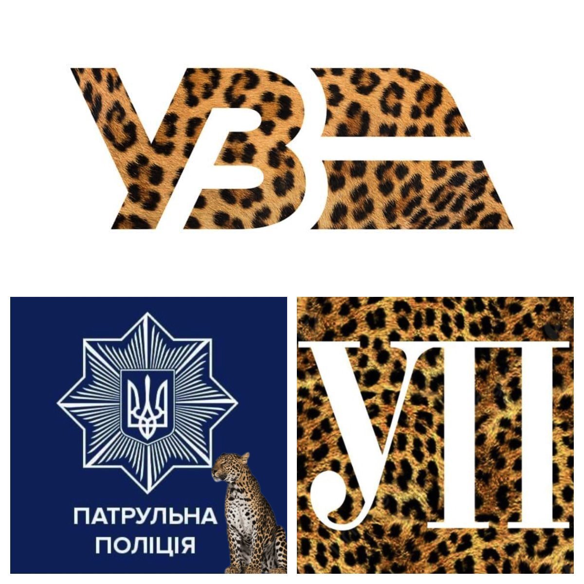 Logos of Ukrainska Pravda, traffic police and Ukrainian National Railways with leopard designs