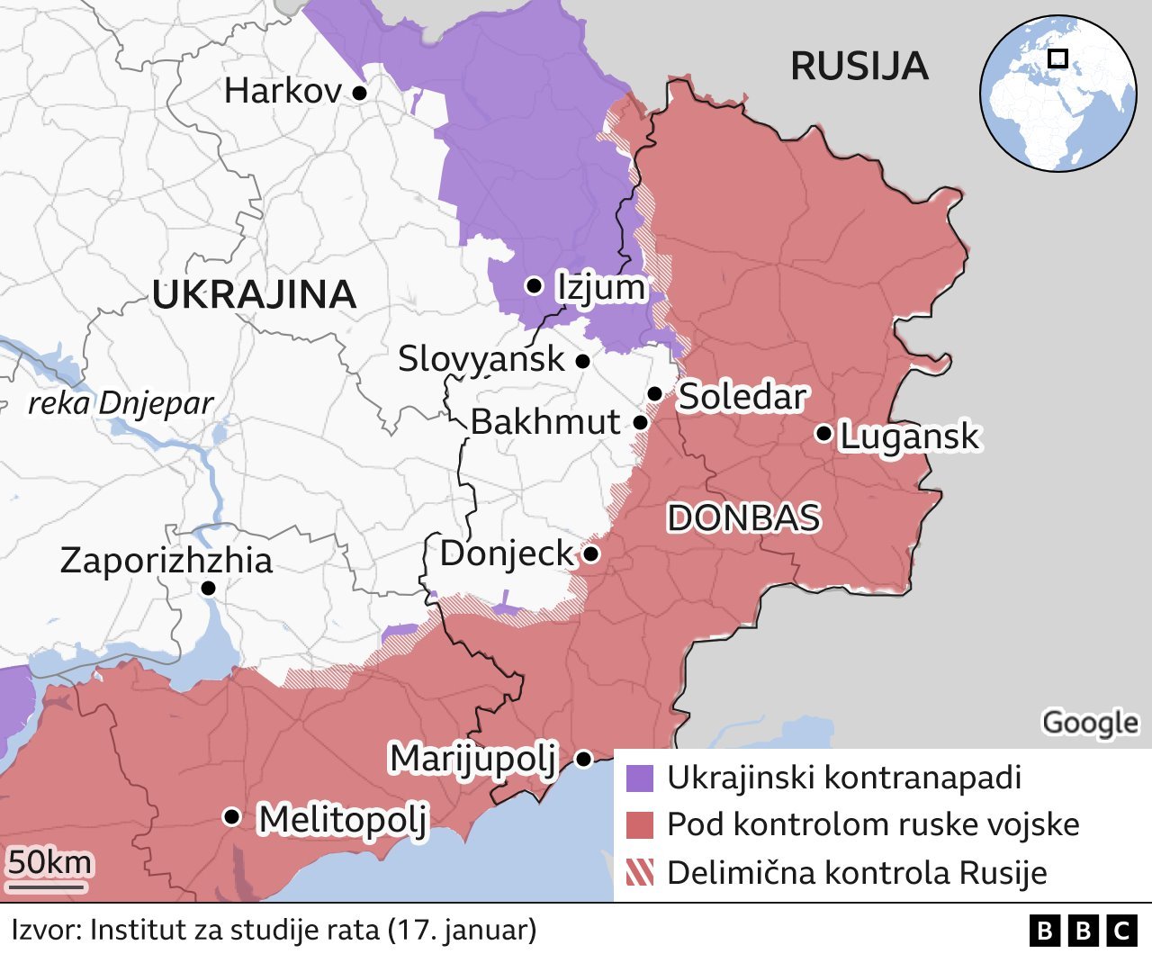 Rusija i Ukrajina: Bajden u iznenadnoj poseti Kijevu, Rusi pretrpeli „velike gubitke" u borbama kod Donjecka, tvrde Britanci 1 linije fronta u Ukrajini