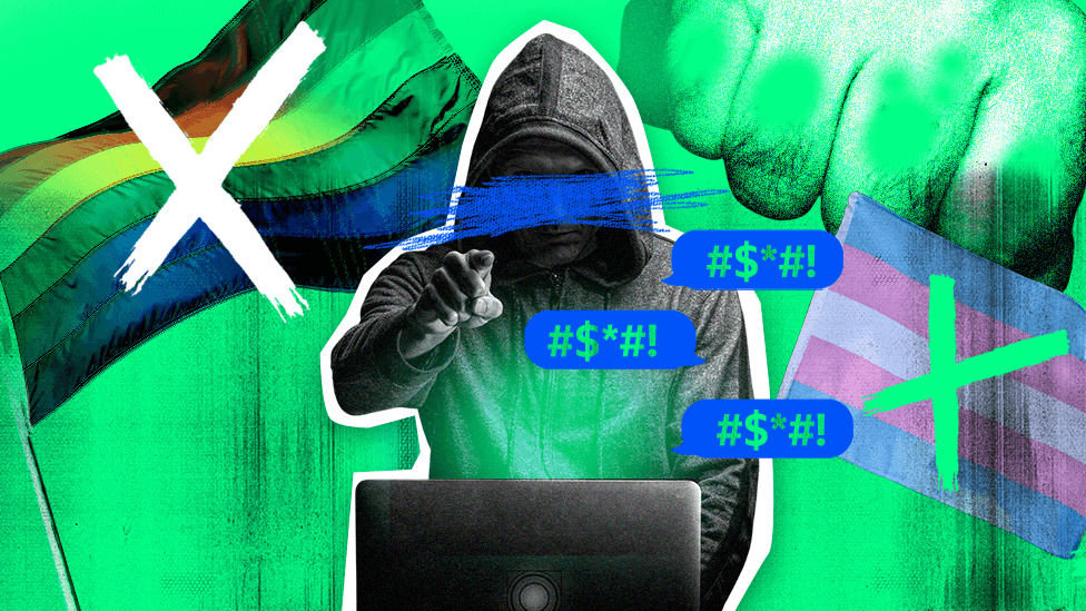 Crossed out LGBT and trans flag with man in the middle