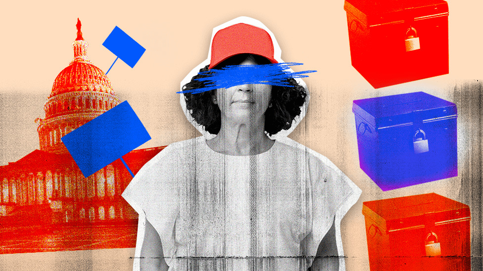 Woman in the middle surrounded by symbols associated with election and Capitol riots