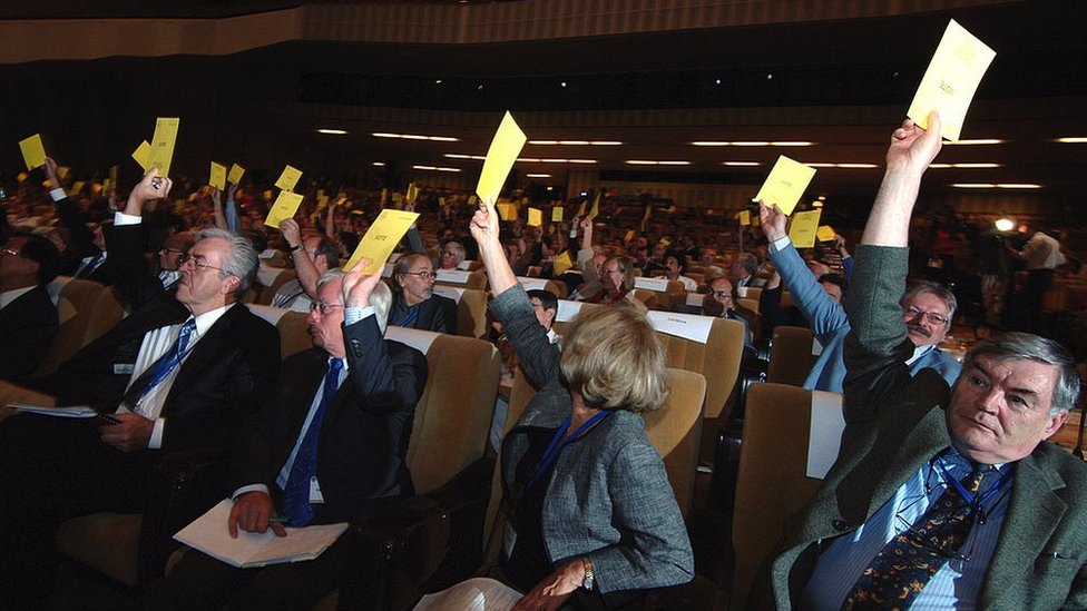 Delegates of the IAU vote in the "Pluto session" in August 2006