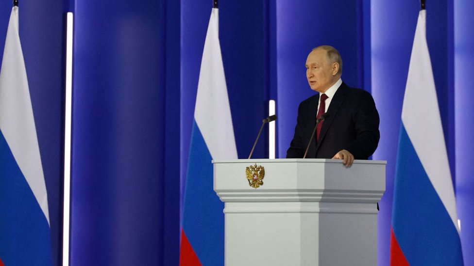 Russian President Vladimir Putin delivers his annual state of the nation address at the Gostiny Dvor conference centre in central Moscow on 21 February 2023