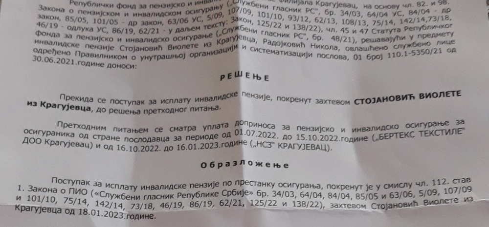 Radnica kragujevačkog Bereteksa zbog neuplaćenih doprinosa ostala bez invalidske penzije 2